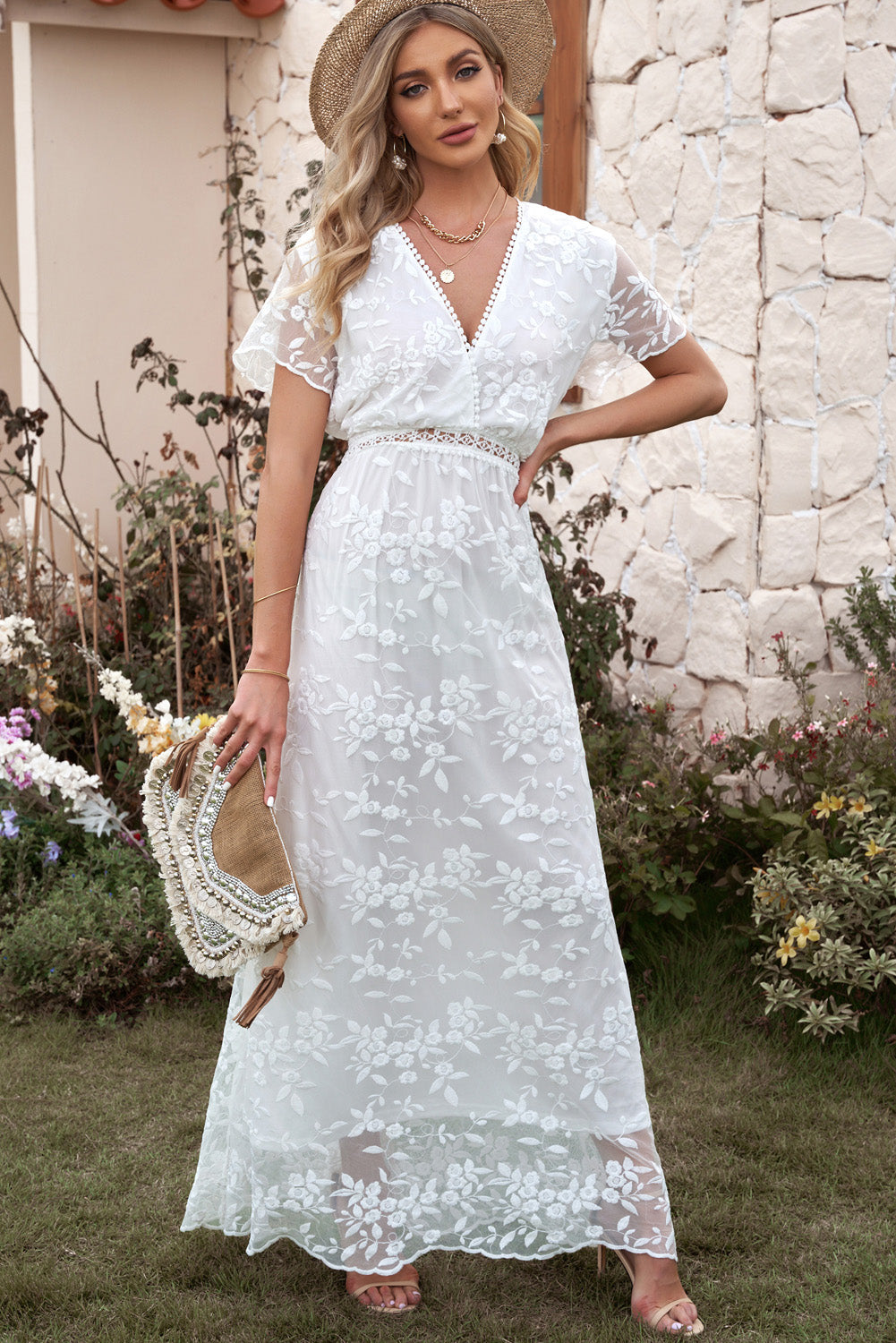 Long lace embroidered maxi dress best sale