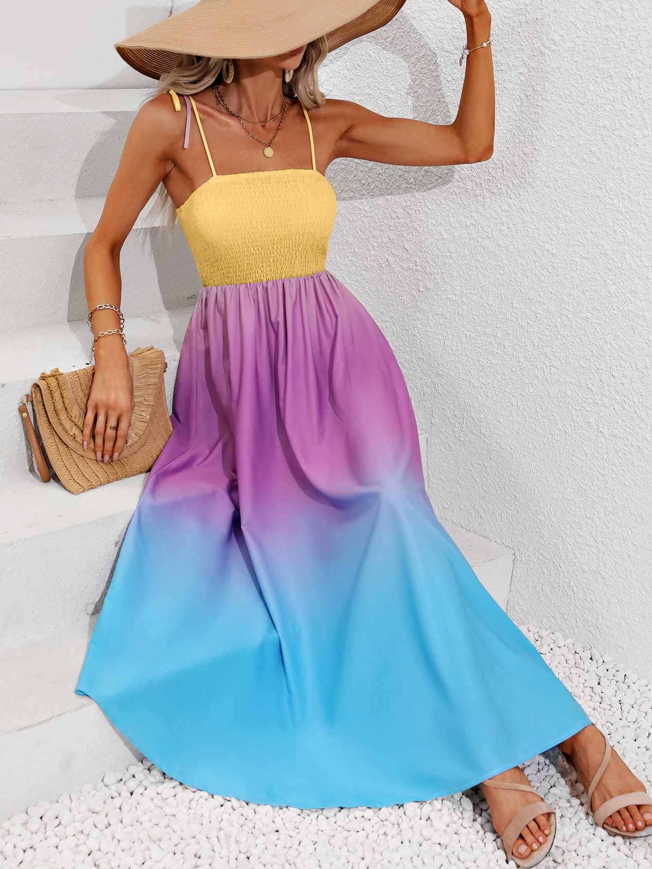 Gradient Spaghetti Strap Tie Maxi Dress
