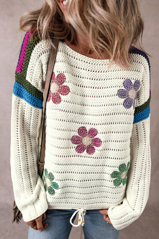 Flower Round Neck Long Sleeve Sweater