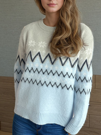 Chevron Contrast Round Neck Long Sleeve Sweater