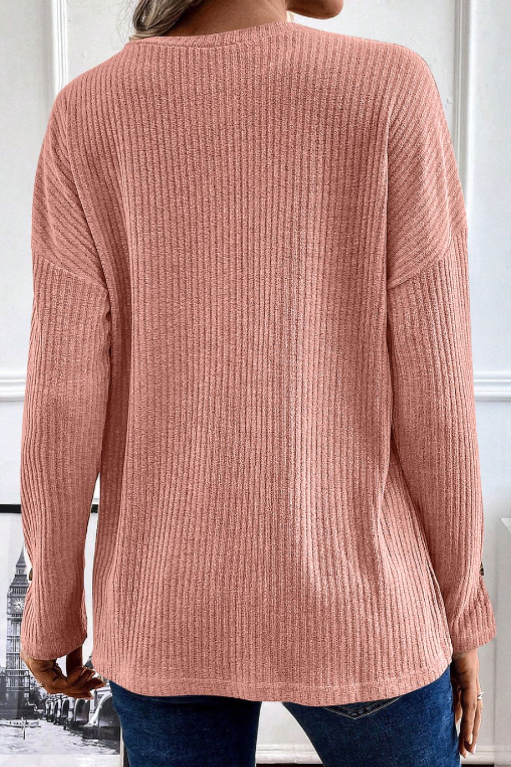 Quarter Button Round Neck Dropped Shoulder Knit Top