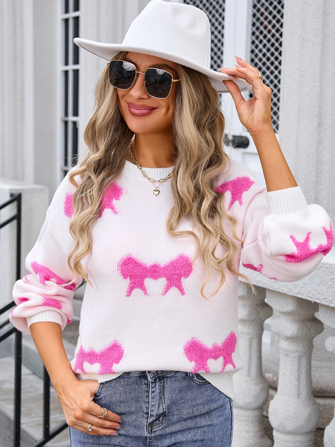 Bow Round Neck Dropped Shoulder Sweater