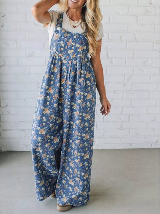 Floral Print Wide Leg Denim Overalls