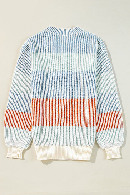 Striped Color Block Round Neck Long Sleeve Sweater