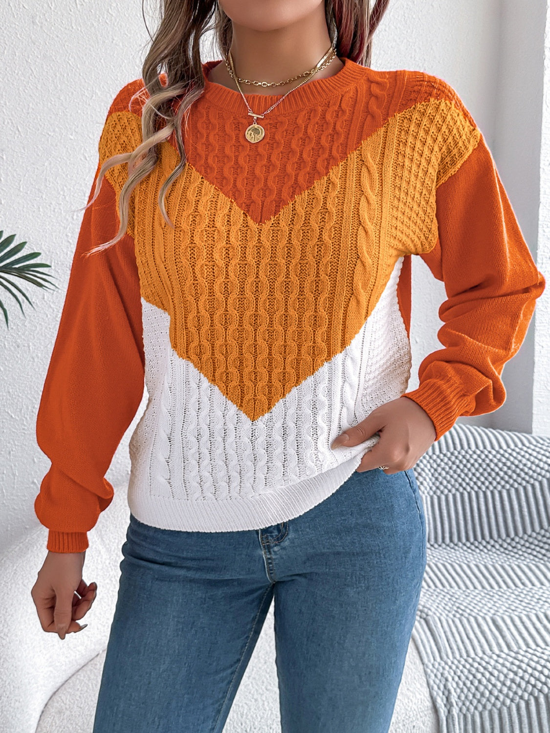 Contrast Round Neck Long Sleeve Sweater