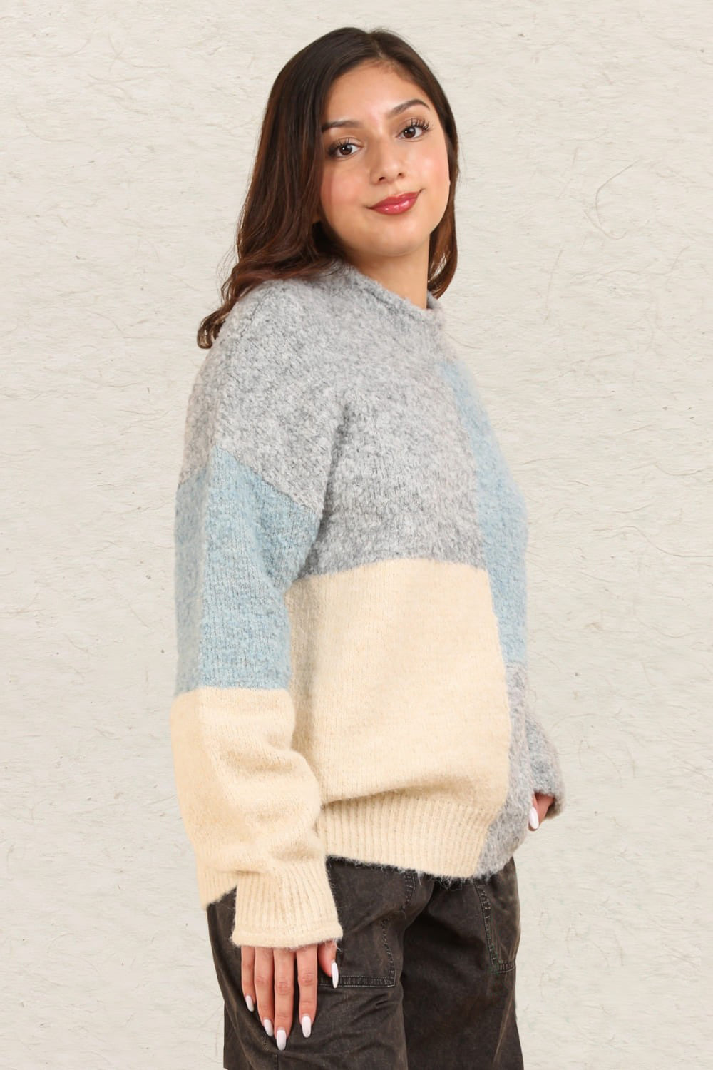 VERY J Color Block Mock Neck Drop Shoulder Sweater