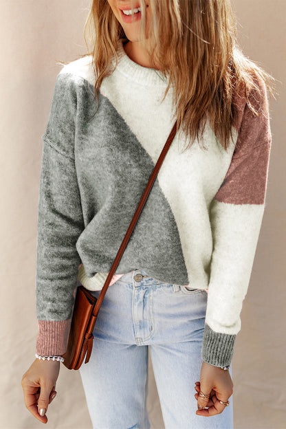 Color Block Round Neck Dropped Shoulder Pullover Sweater