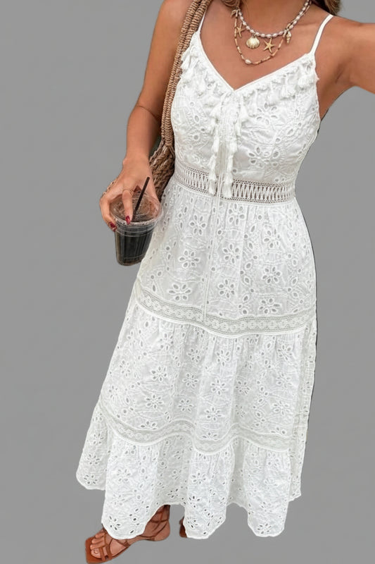 Eyelet Embroidered Cami Dress with Tassel Detail