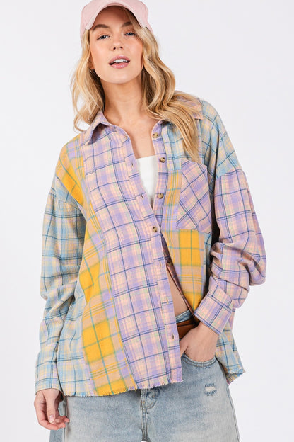 Button Up Raw Hem Plaid Flannel Shirt