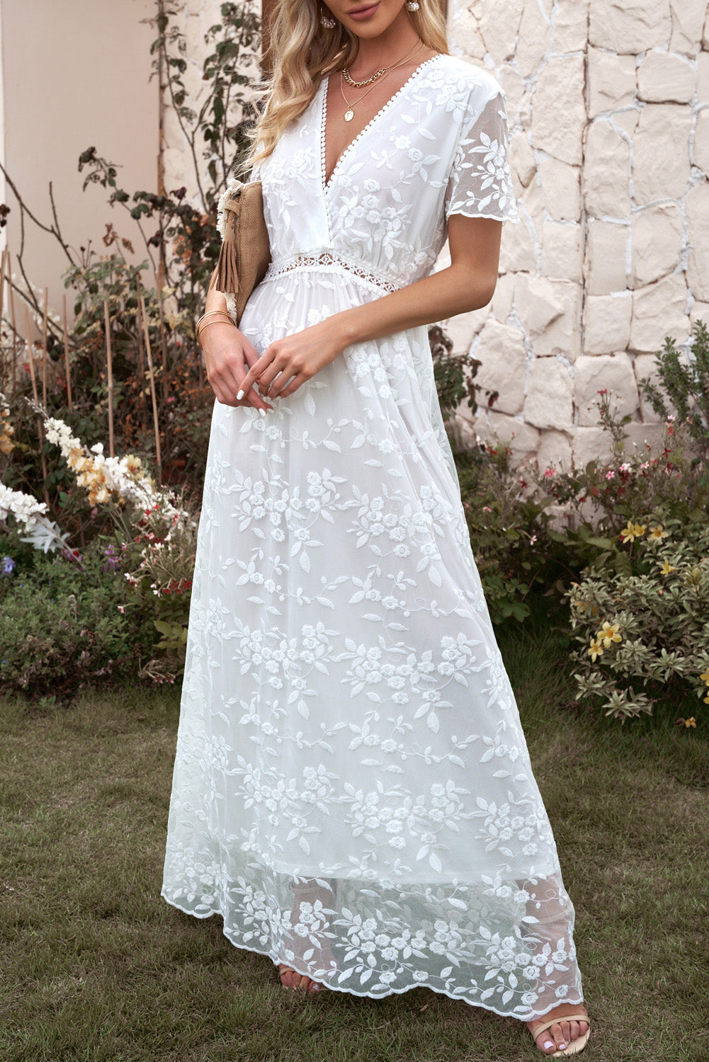 Embroidered Lace Short Sleeve Maxi Dress-White