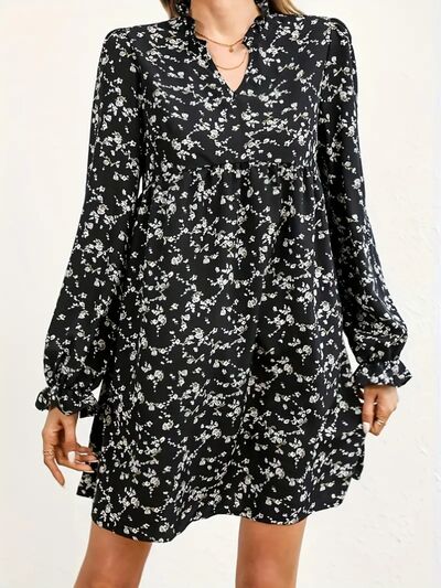 Ditsy Floral Notched Flounce Sleeve Dress