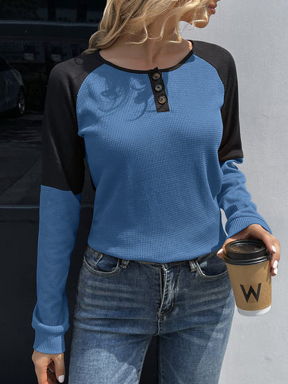 Contrast Buttoned Round Neck Raglan Sleeve Top