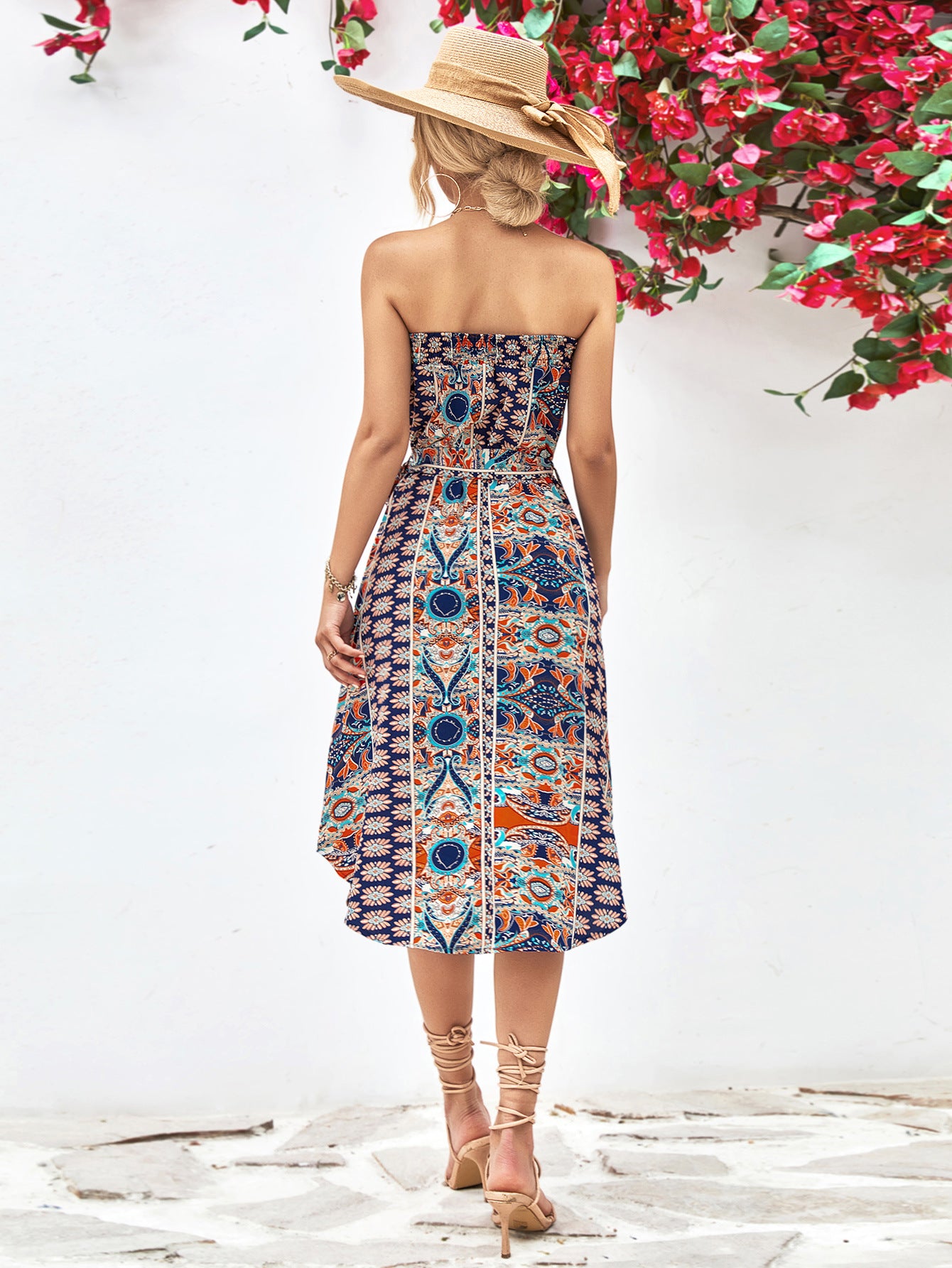 Printed Strapless Tie Belt Dress