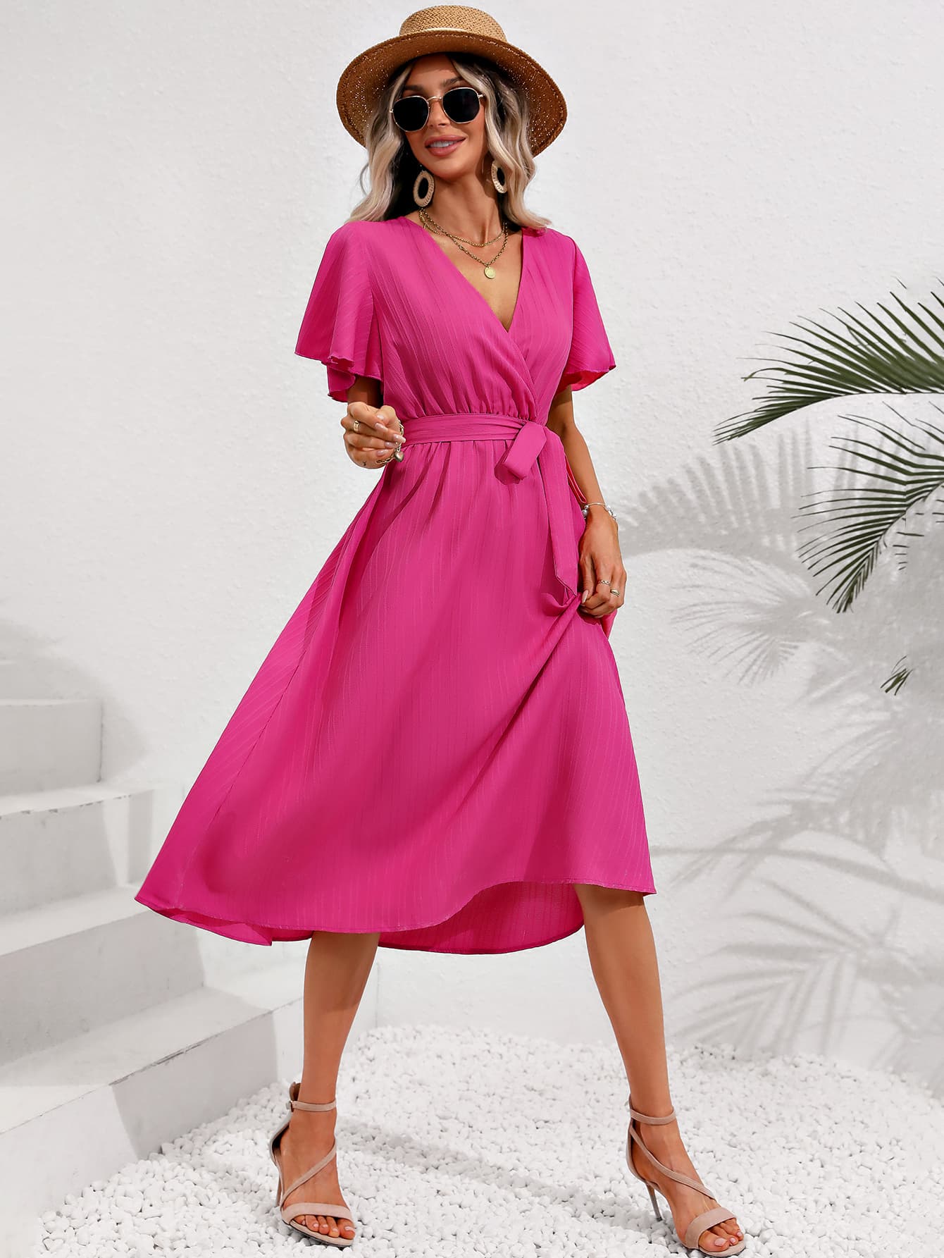 Surplice Neck Tie Belt Midi Dress