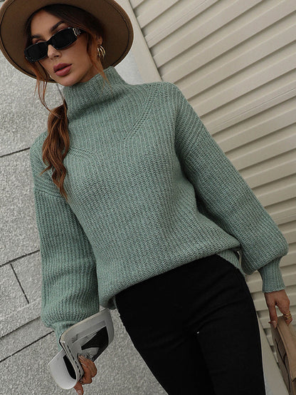 Woven Right High Neck Balloon Sleeve Rib-Knit Pullover Sweater