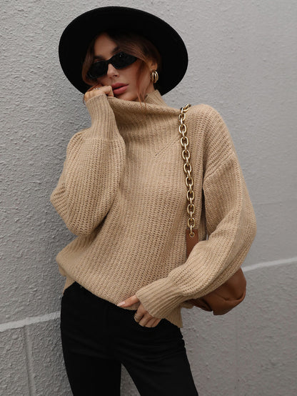 Woven Right High Neck Balloon Sleeve Rib-Knit Pullover Sweater