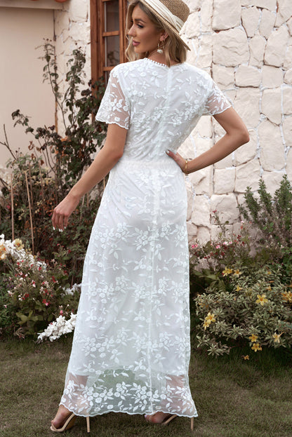 Embroidered Lace Short Sleeve Maxi Dress-White