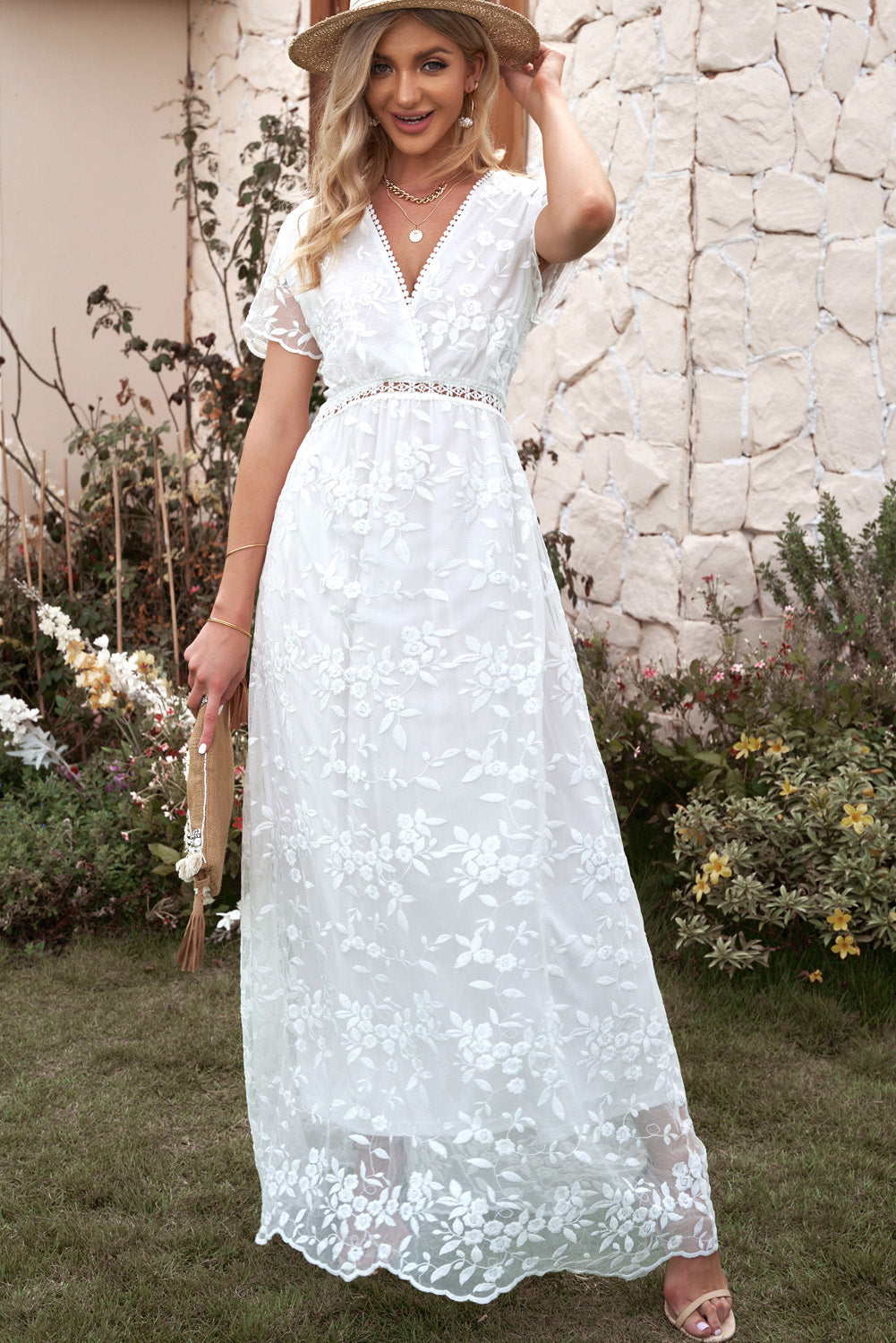 Embroidered Lace Short Sleeve Maxi Dress-White