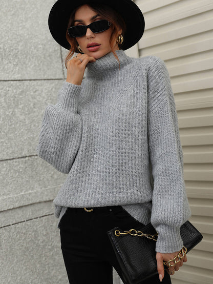 Woven Right High Neck Balloon Sleeve Rib-Knit Pullover Sweater