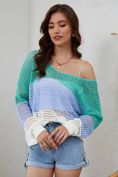 Openwork V-Neck Dropped Shoulder Blouse