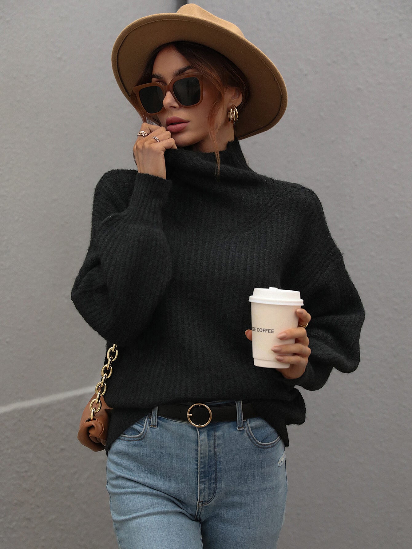 Woven Right High Neck Balloon Sleeve Rib-Knit Pullover Sweater